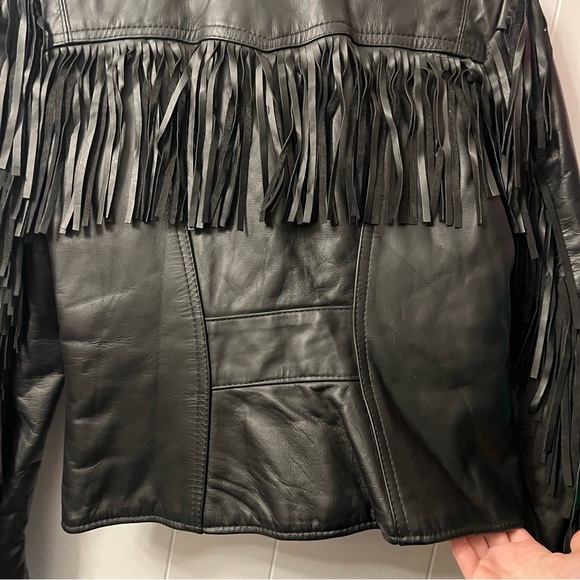 Vintage Branded Garments Fringe Leather Quilt Lined Jacket Black Biker Western - Picture 4 of 14